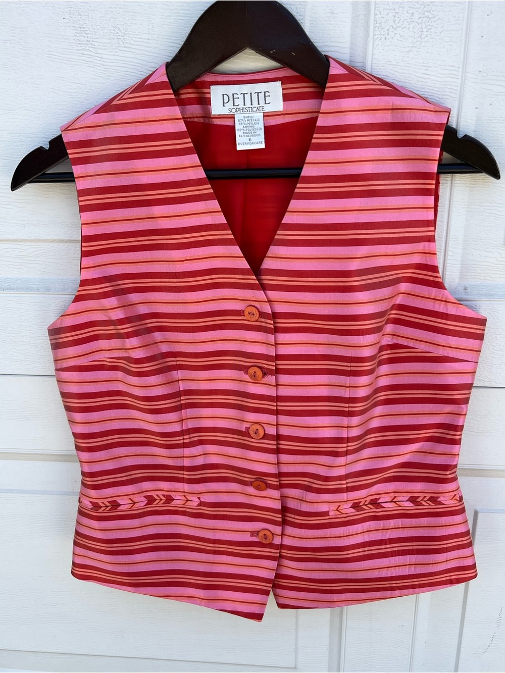 Vtg Petite Sophisticate Pink and Red Striped Button Vest 6